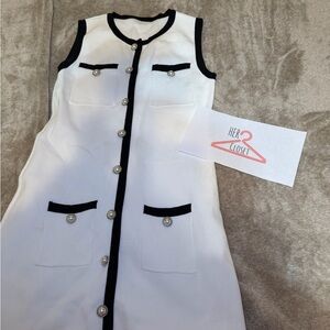 Commense White Sleeveless Shift Dress with Black Trim and Pearl Buttons